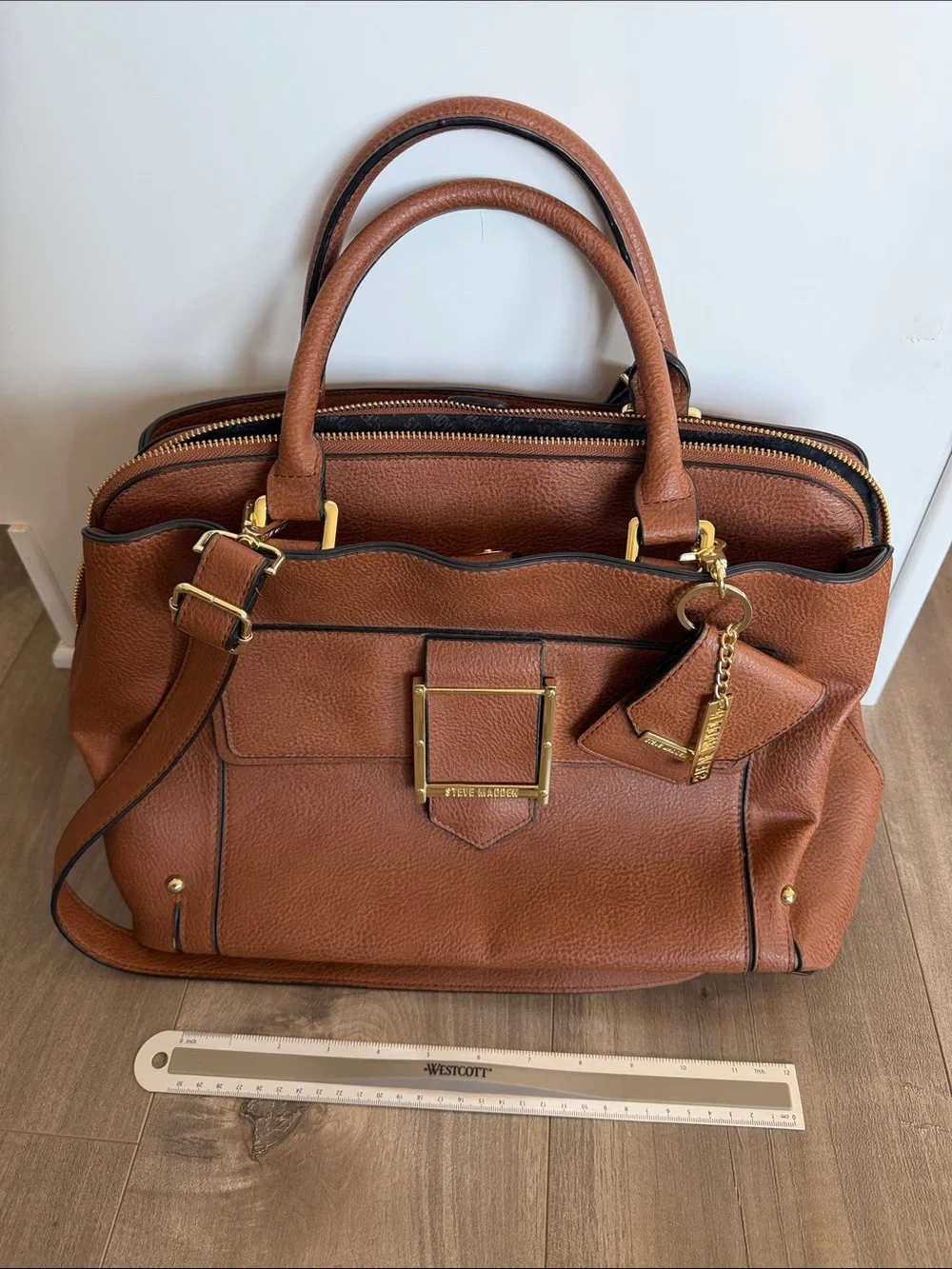 Steve Madden Brown Leather Top-Handle Satchel Bag with Gold Hardware